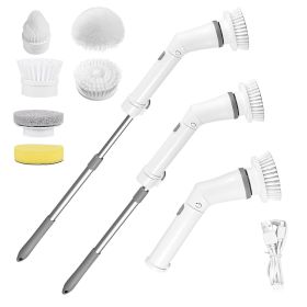 1Set Electric Spin Scrubber Cordless Rechargeable Telescopic Cleaning Brush 6 Replaceable Heads 2 Speed Adjustable Extension Arm Bathroom Tub Til (Option: White)
