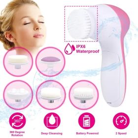 Waterproof Facial Cleansing Brush Face Spin Cleaning Brush Scrubber with 5 Brush Heads for Women (Option: Pink)