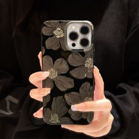 ins Oil painting flower r for iPhone13Promax Apple 12 phone case 11 Color painting 14 Black xs soft cover (Applicable model: 14promax, colour: Bright black oil painting flowers)
